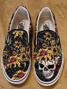 Vans Black Canvas Slip-On with Yellow Floral Skull Print Men's 12.0 Women's 13.5